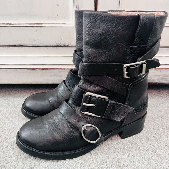 Lucky Brand Shoes - Lucky Brand Black Leather Buckled Harness Wooden Soled Riding Biker Moto Boots 8